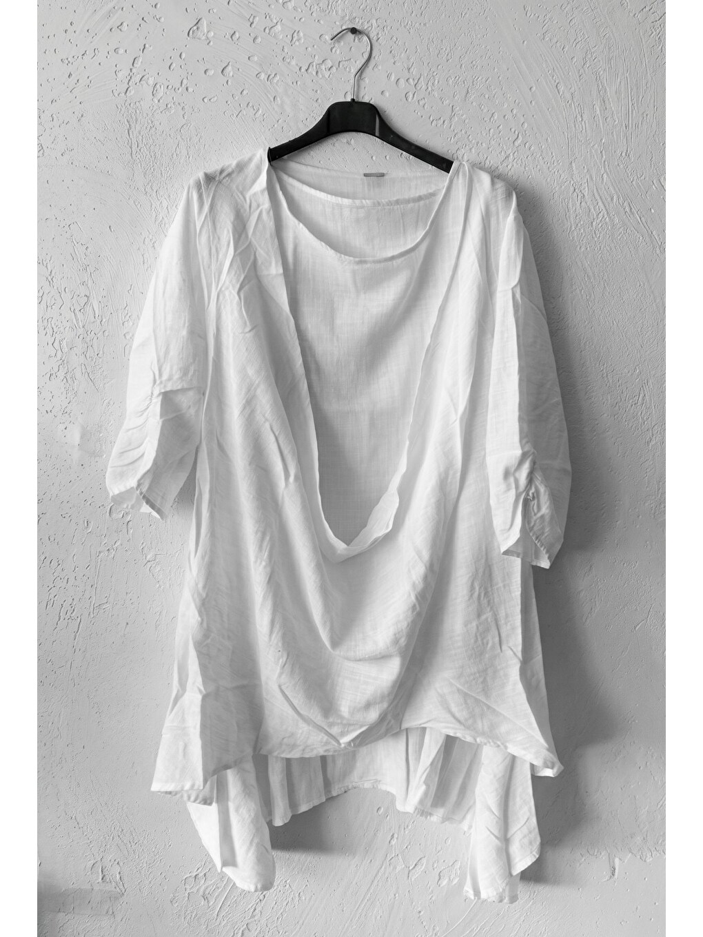 Beyaz Yuvarlak Yaka 3/4 Kol İkili Set Casual Pamuklu Salaş Dokuma Bluz 80 63-6