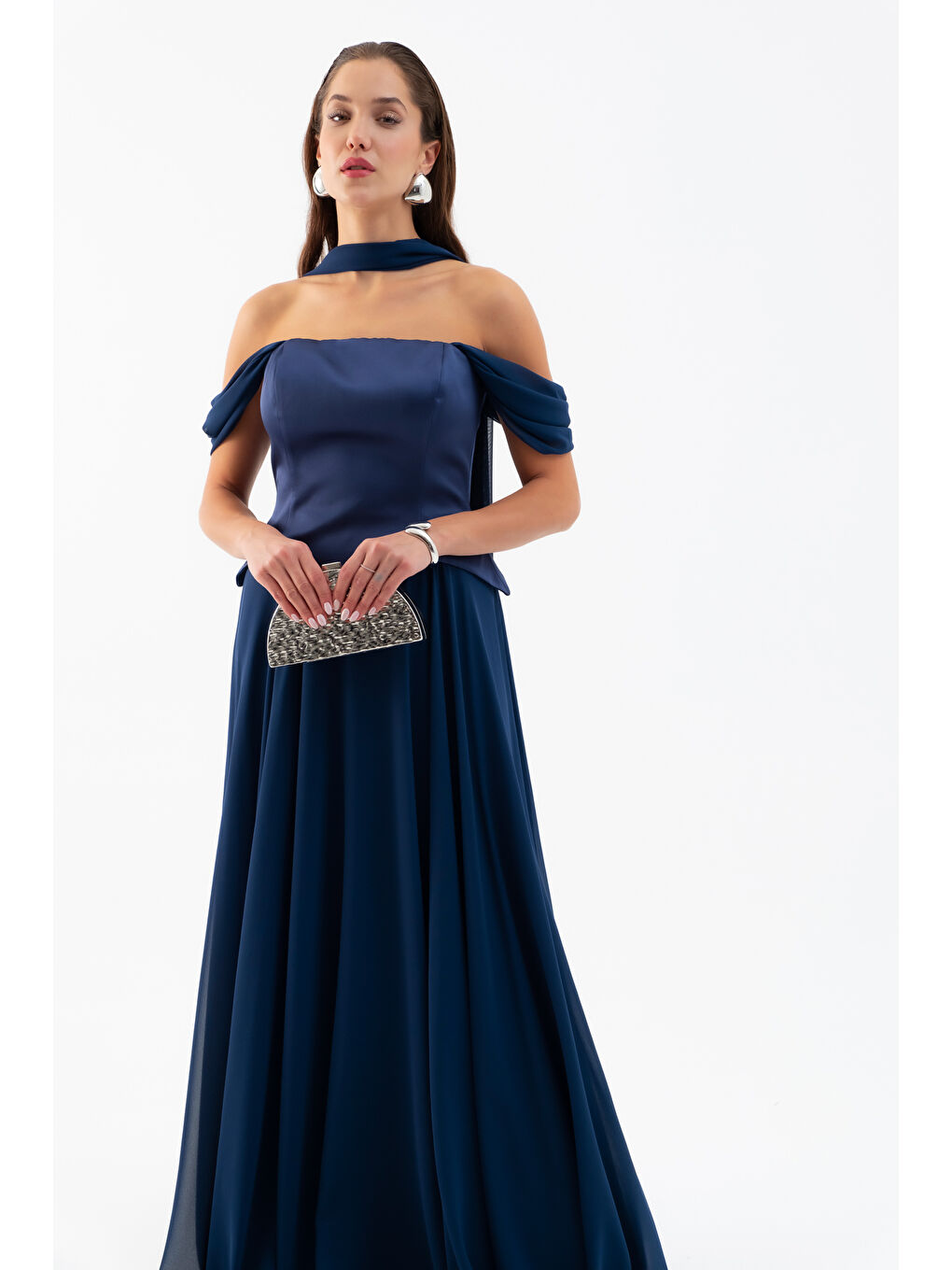 Kadın Lacivert Şal Yaka Straplez Söz Nişan Abiye Elbise-1