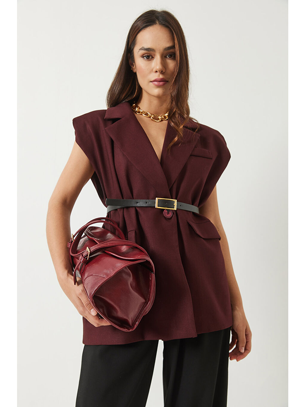 Bordo Kadın Cep Detaylı Kemerli Vatkalı Oversize Astarlı Blazer Yelek-3