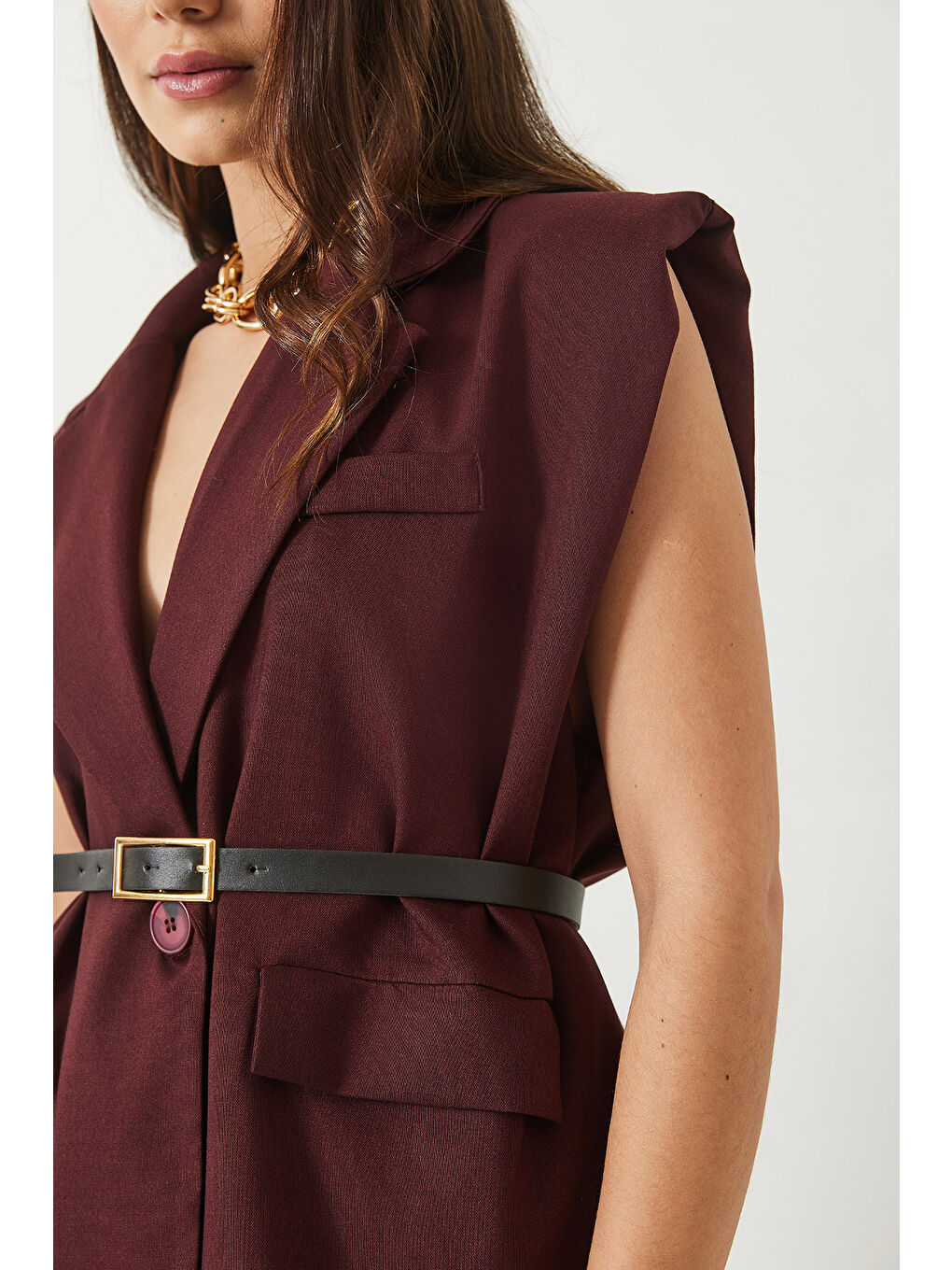 Bordo Kadın Cep Detaylı Kemerli Vatkalı Oversize Astarlı Blazer Yelek-4