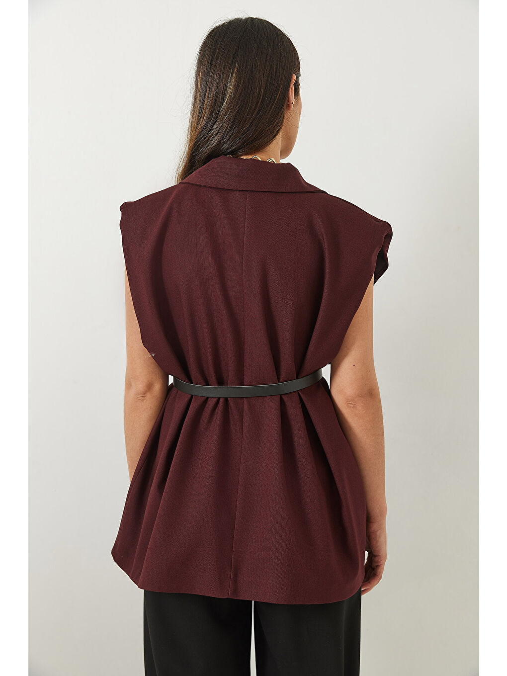 Bordo Kadın Cep Detaylı Kemerli Vatkalı Oversize Astarlı Blazer Yelek-5