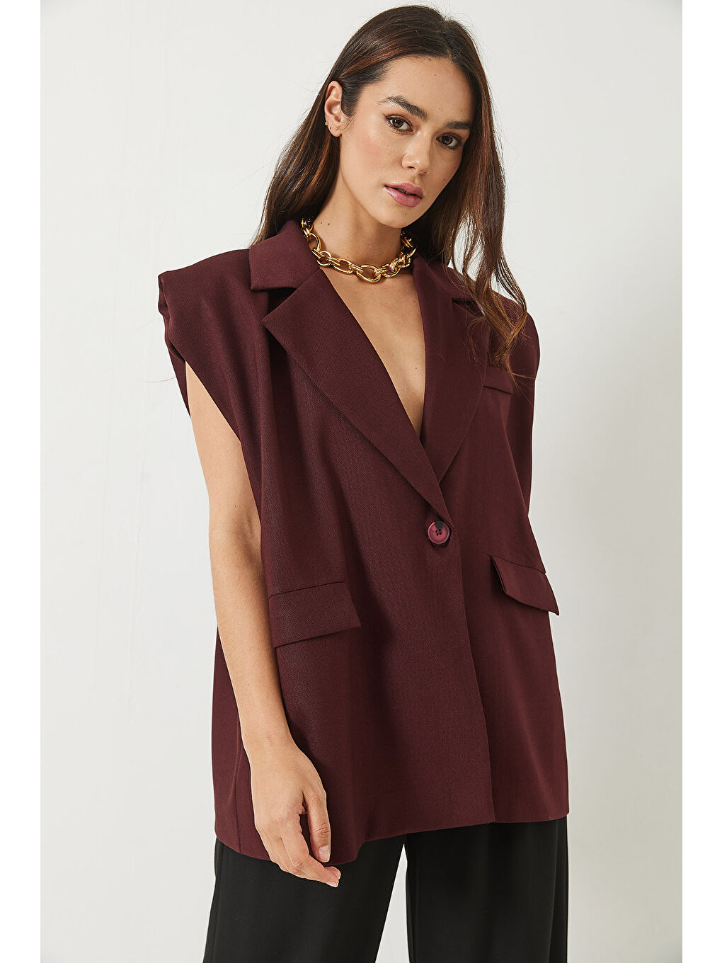Bordo Kadın Cep Detaylı Kemerli Vatkalı Oversize Astarlı Blazer Yelek-6