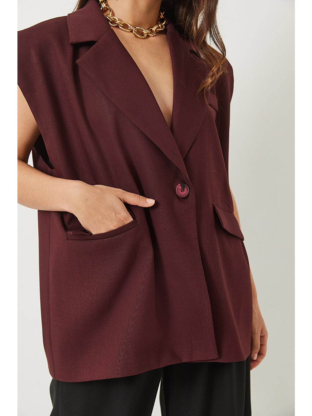 Bordo Kadın Cep Detaylı Kemerli Vatkalı Oversize Astarlı Blazer Yelek-7