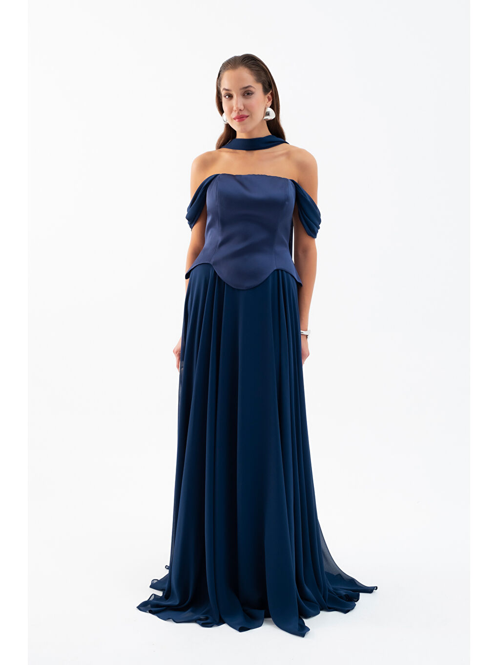 Kadın Lacivert Şal Yaka Straplez Söz Nişan Abiye Elbise-2