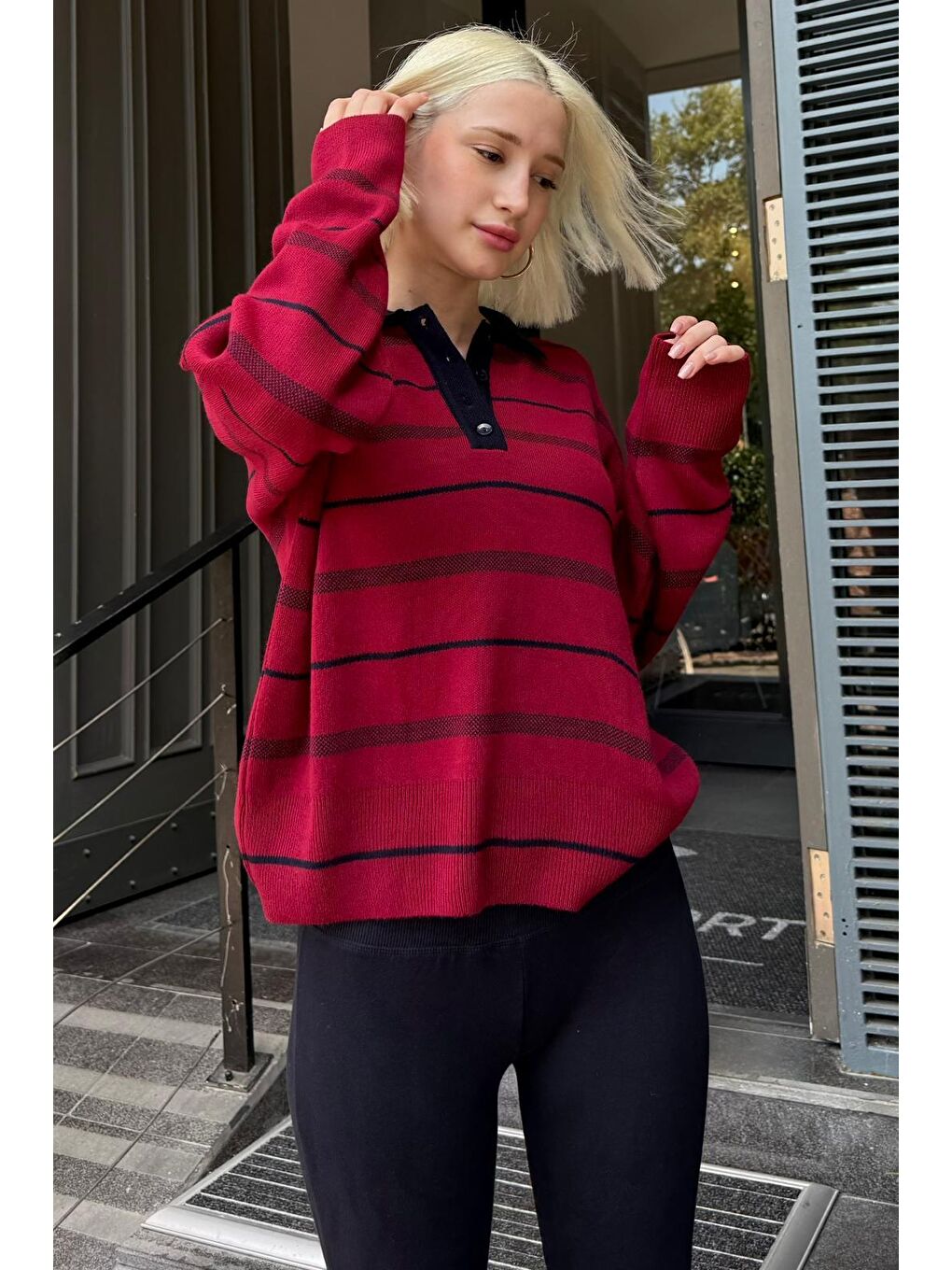 Bordo Çizgili Polo Yaka Kadın Kazak Mg2476