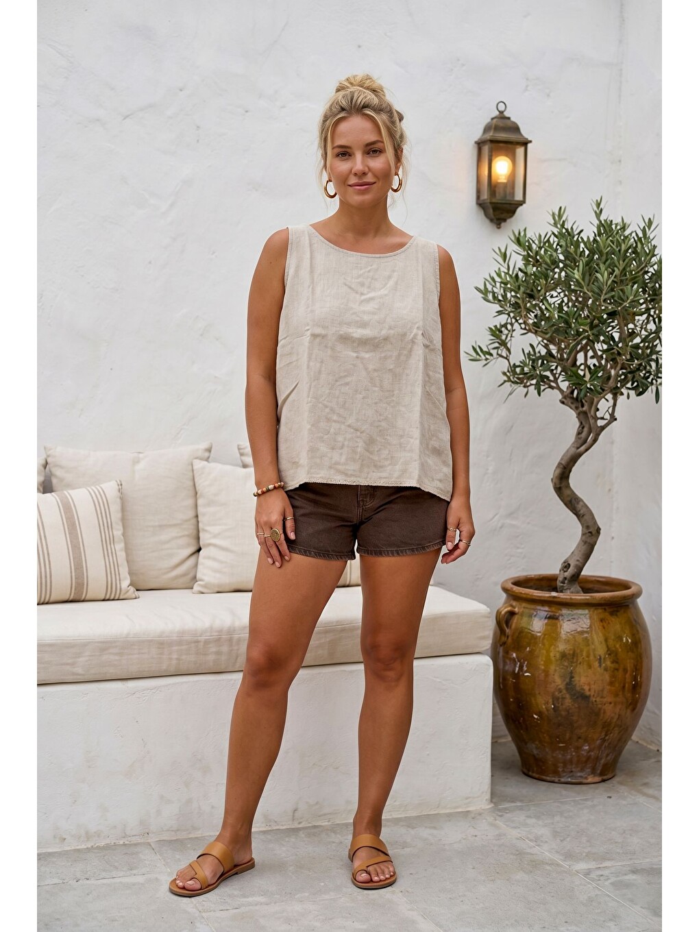 Bej Yuvarlak Yaka 3/4 Kol İkili Set Casual Pamuklu Salaş Dokuma Bluz 80 63-2