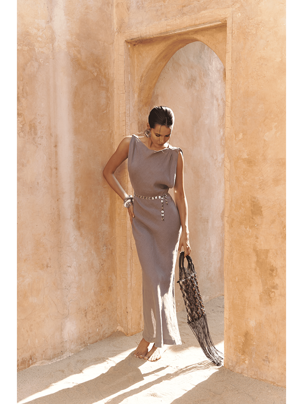 Gri Barabla Kolsuz Uzun Füme Keten Elbise-3