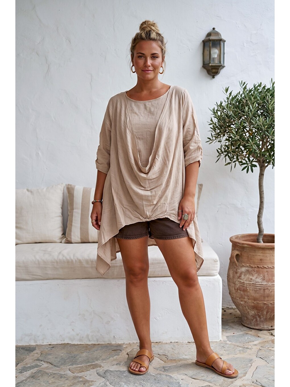 Bej Yuvarlak Yaka 3/4 Kol İkili Set Casual Pamuklu Salaş Dokuma Bluz 80 63-4