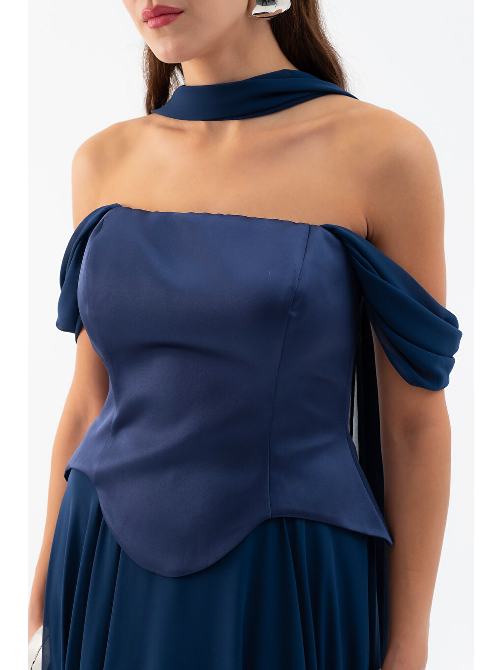 Kadın Lacivert Şal Yaka Straplez Söz Nişan Abiye Elbise-3