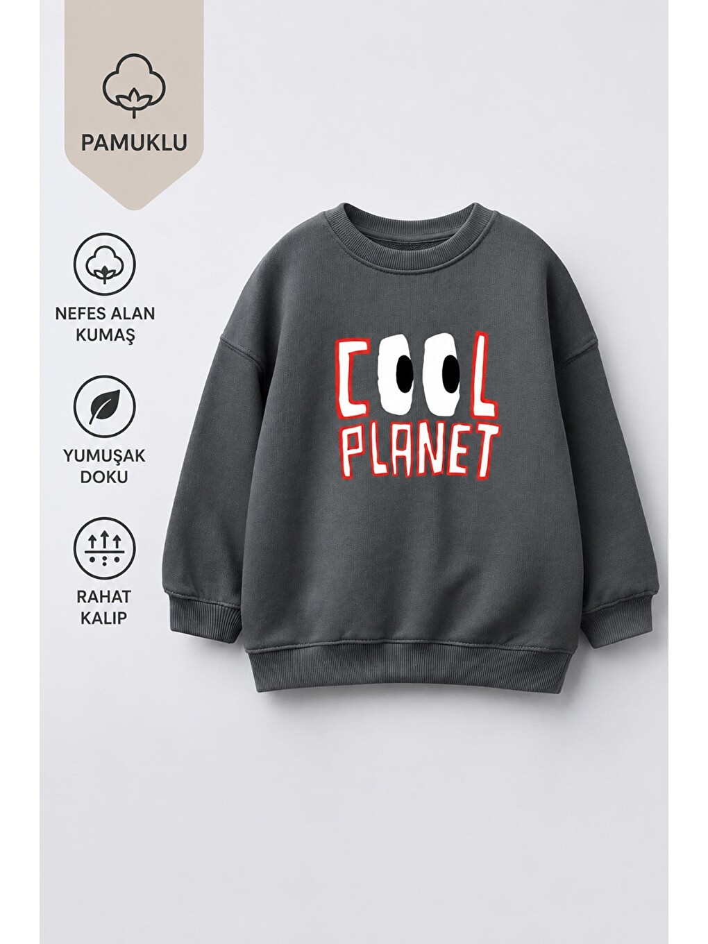 Antrasit Unisex Çocuk 3 İplik Kumaş Baskılı Pamuklu Sweatshirt-1