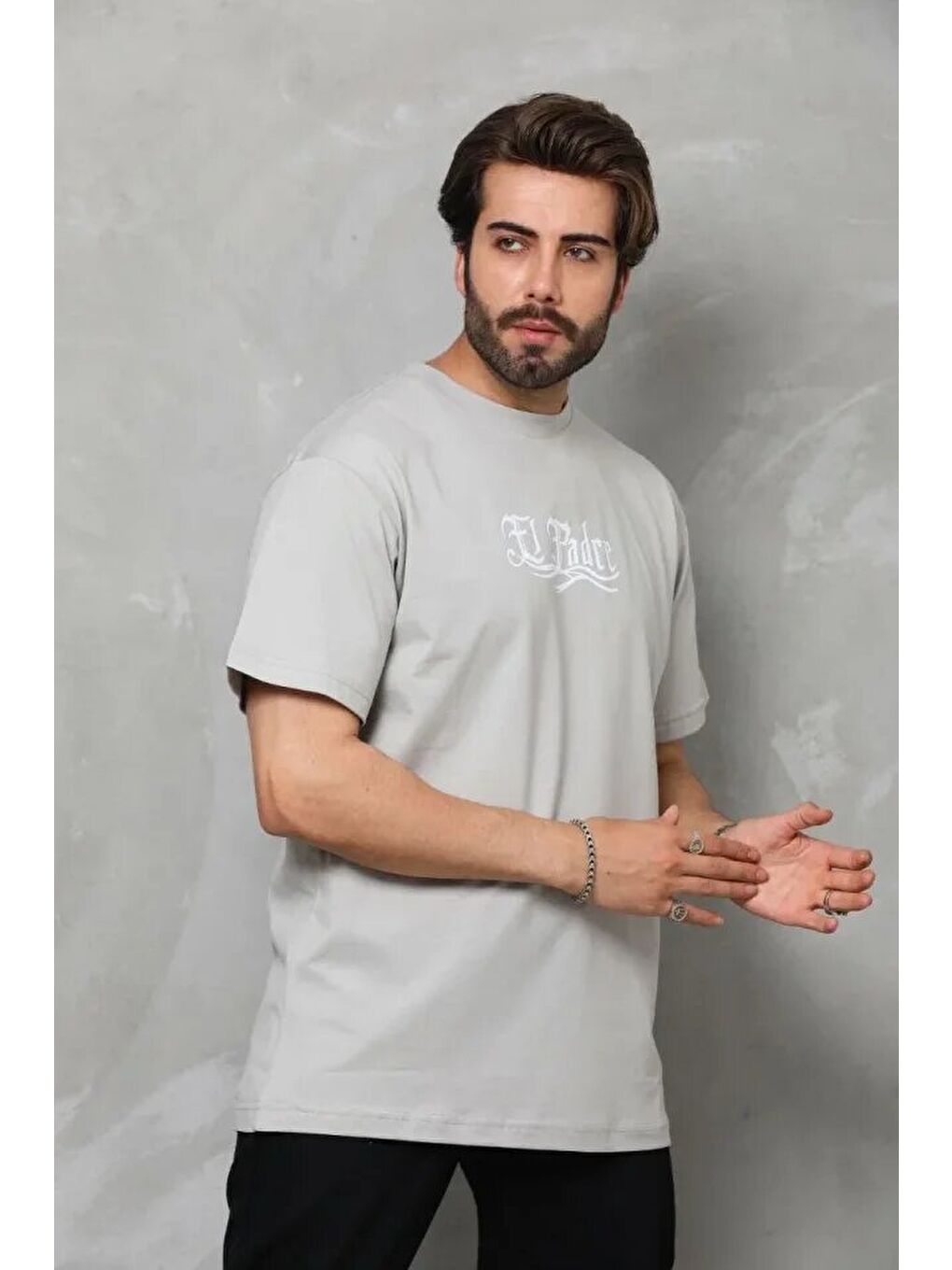 Unisex Bisiklet Yaka Baskılı Oversize T-Shirt - Gri-1