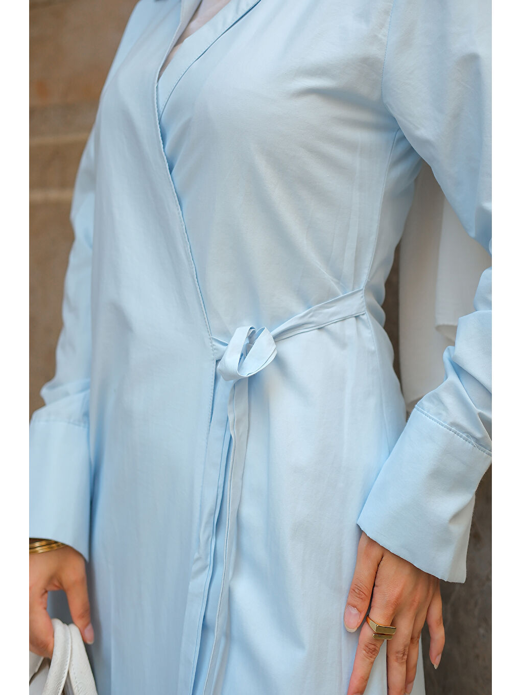 Kadın Poplin Yan Bağlamalı Elbise Açık Mavi-3