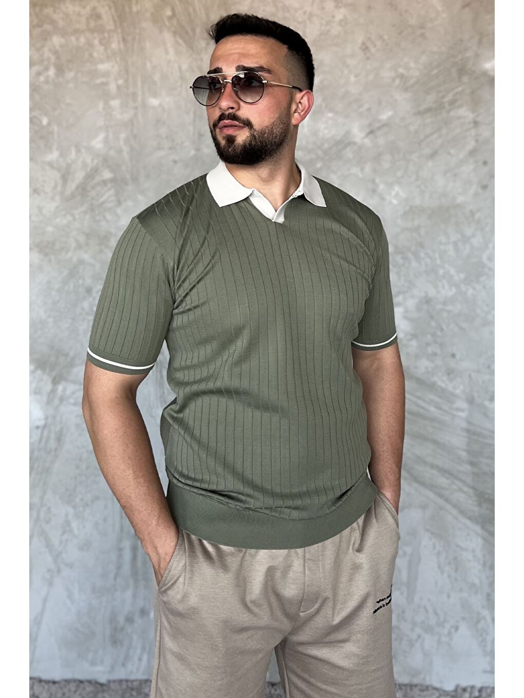 Haki Erkek Polo Yaka Kendinden Çizgi Desenli Triko Tişört-1