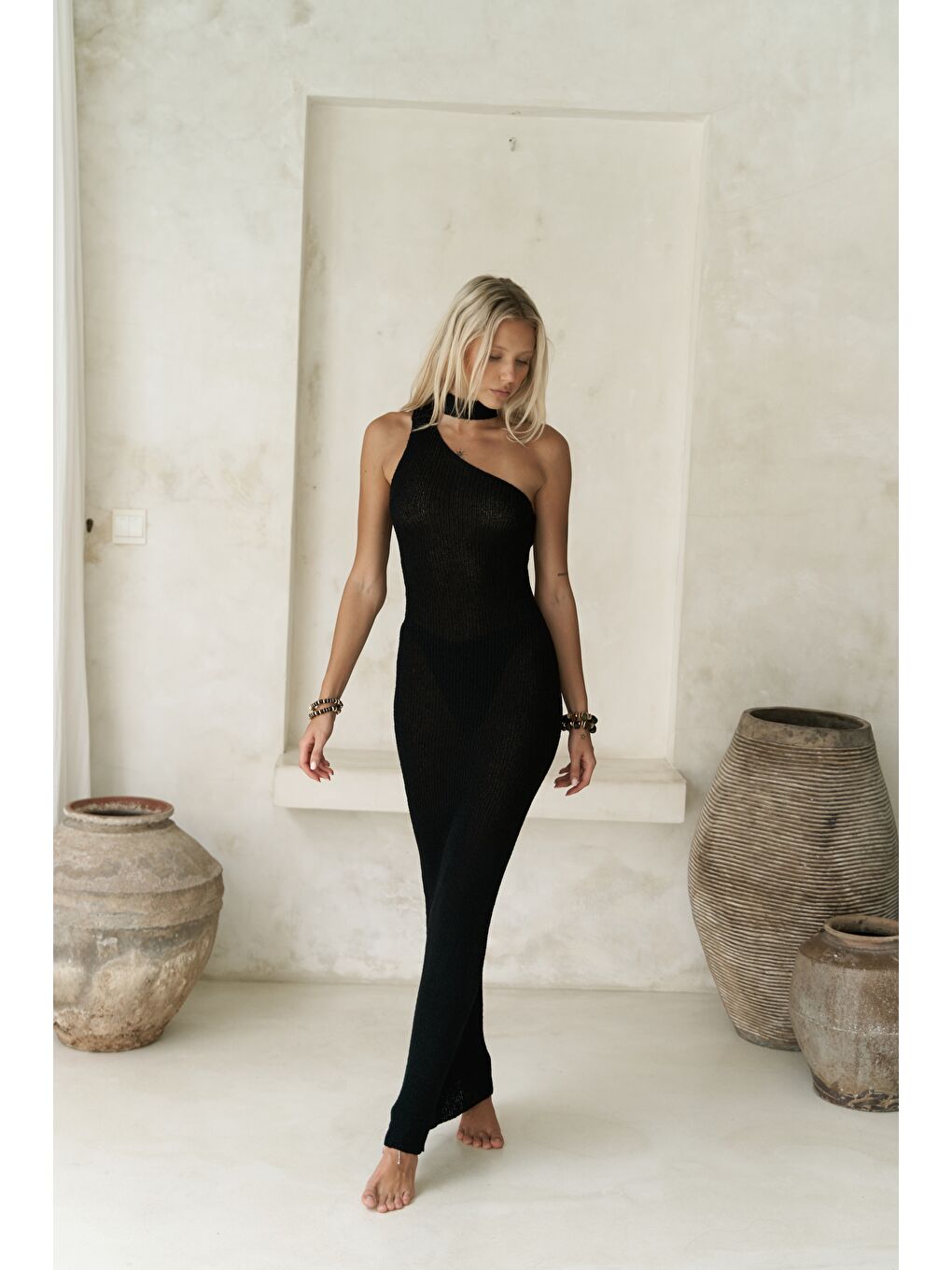 Kamalas Asimetrik Triko Siyah Uzun Elbise