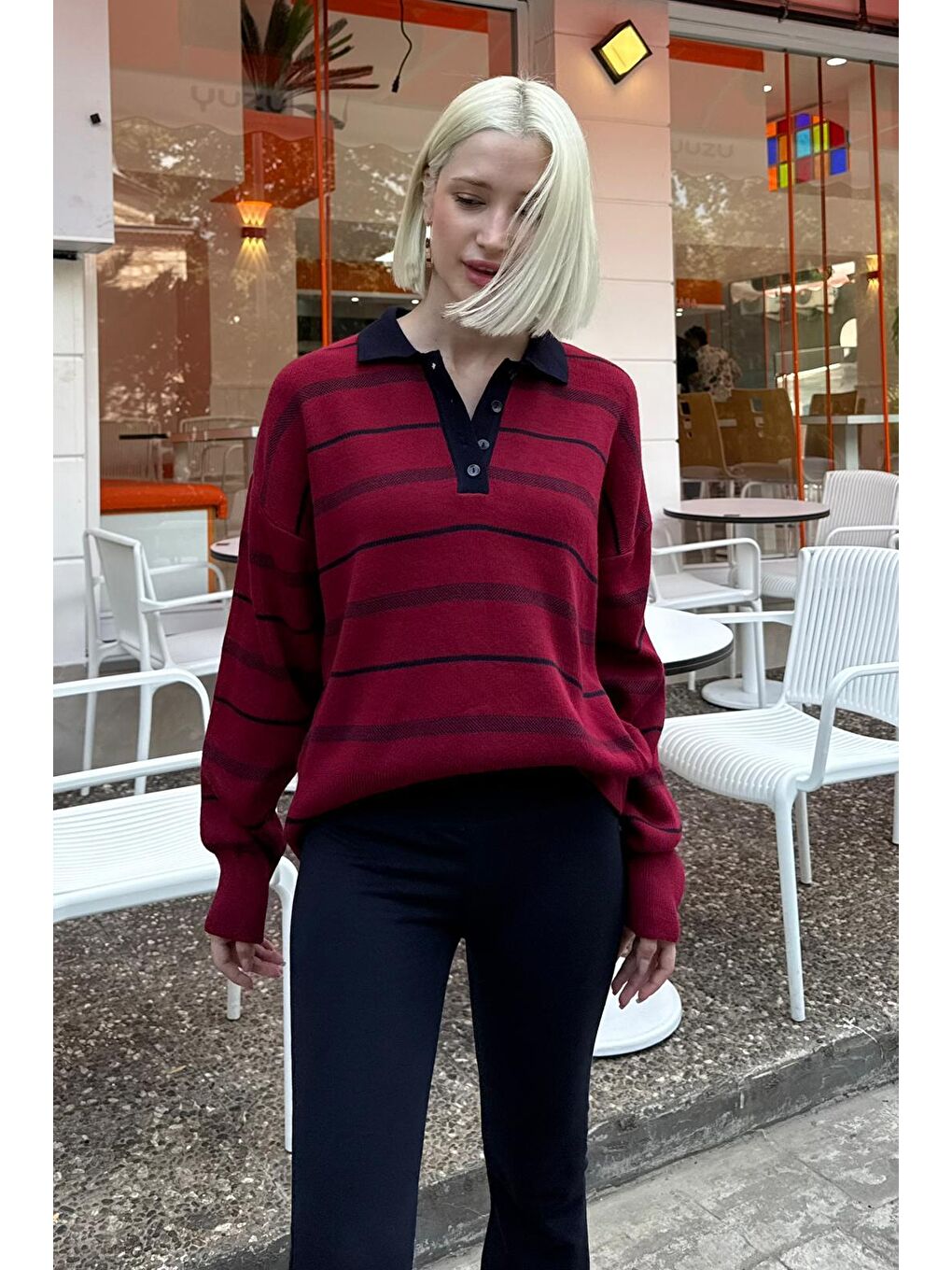Bordo Çizgili Polo Yaka Kadın Kazak Mg2476-1