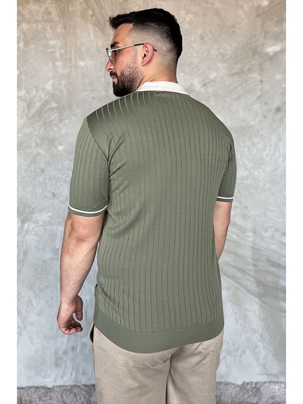 Haki Erkek Polo Yaka Kendinden Çizgi Desenli Triko Tişört-2