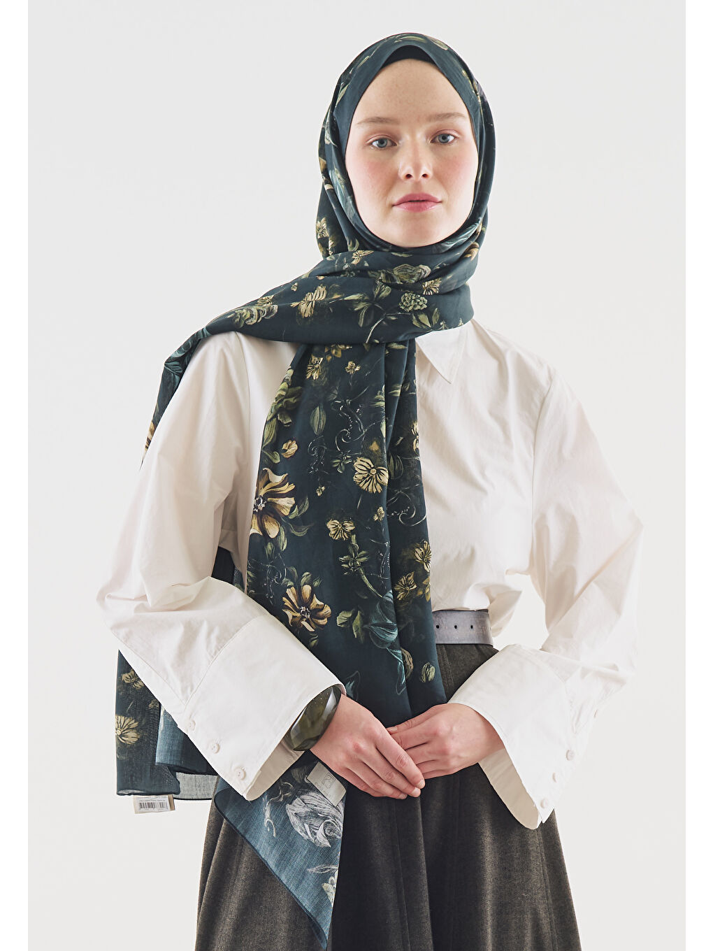 Yeşil GISELE DESENLİ PAMUK VİSKON ŞAL KOYU YEŞİL-1