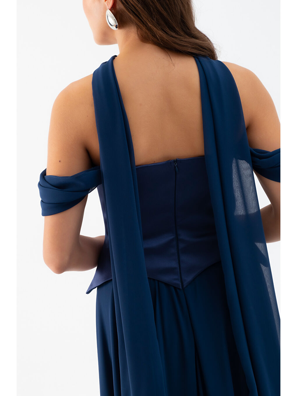 Kadın Lacivert Şal Yaka Straplez Söz Nişan Abiye Elbise-4