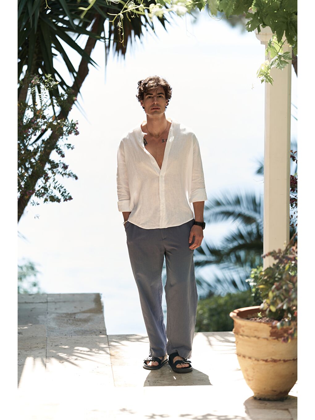 Fyfaha Bol Paça İndigo Erkek Keten Pantolon