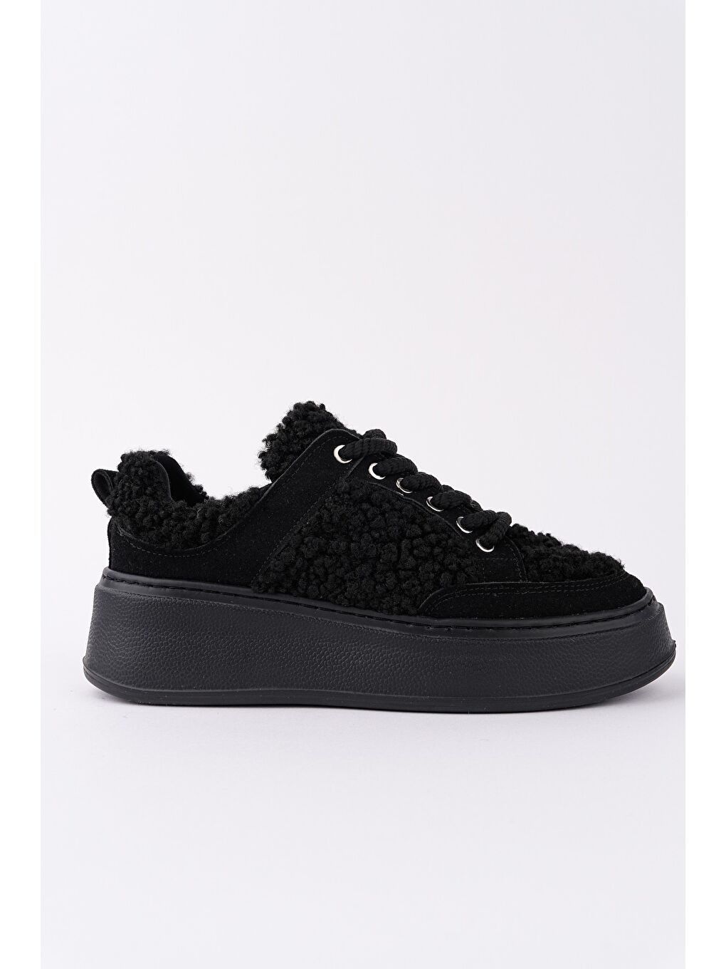 Siyah FLEECY Kalın Taban Bağcıklı Pelüş Detaylı Kadın Kışlık Sneaker Spor Ayakkabı-2