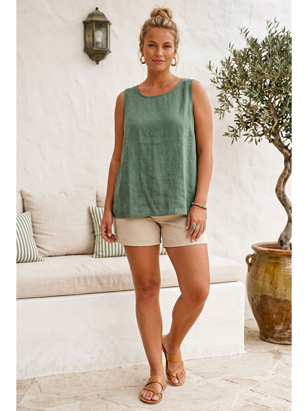 Haki Yuvarlak Yaka 3/4 Kol İkili Set Casual Pamuklu Salaş Dokuma Bluz 80 63-2