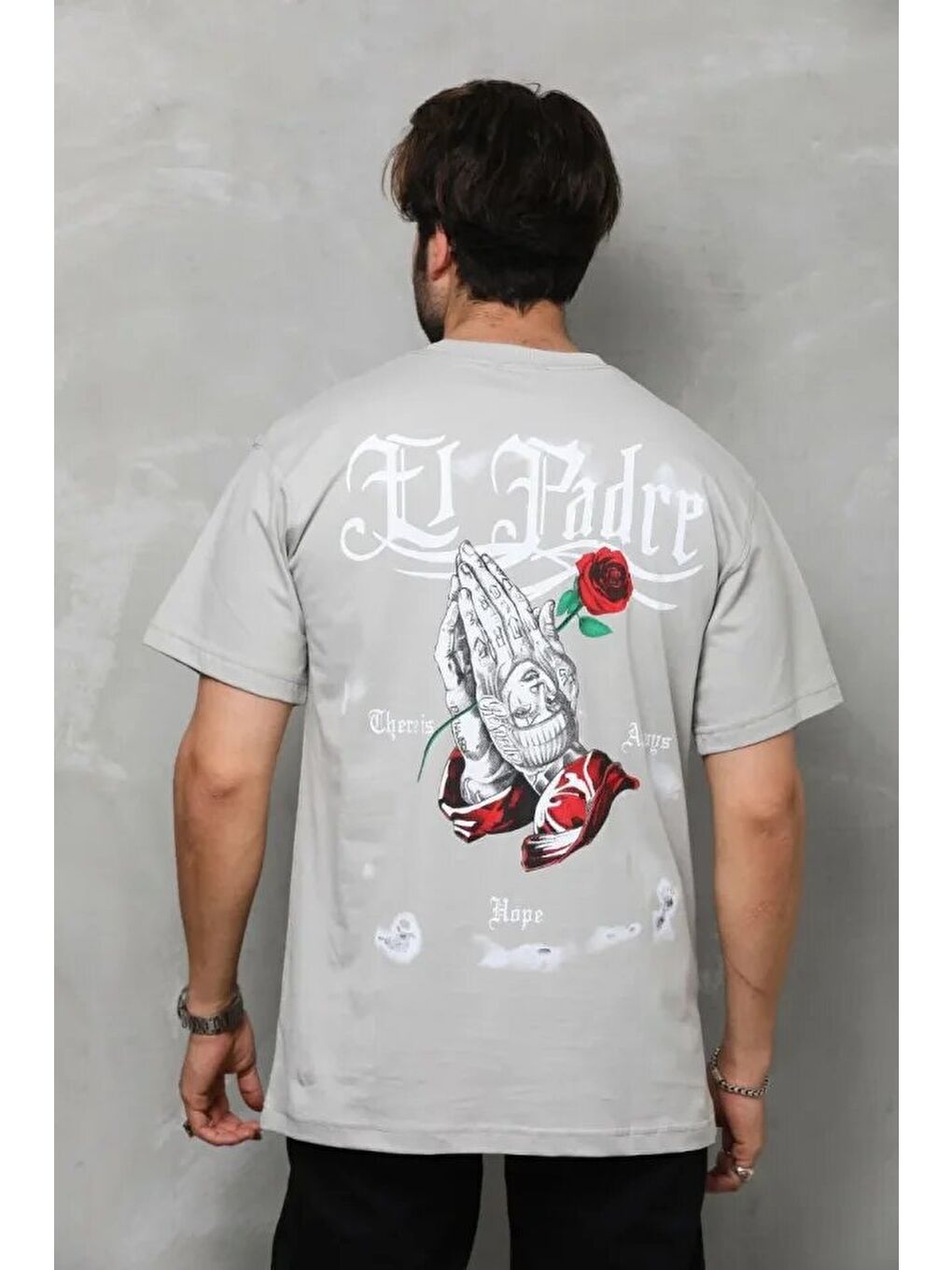 Unisex Bisiklet Yaka Baskılı Oversize T-Shirt - Gri-2