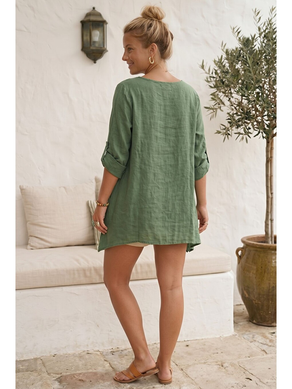 Haki Yuvarlak Yaka 3/4 Kol İkili Set Casual Pamuklu Salaş Dokuma Bluz 80 63-5