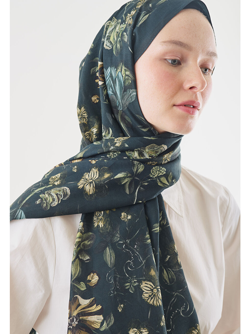 Yeşil GISELE DESENLİ PAMUK VİSKON ŞAL KOYU YEŞİL-3