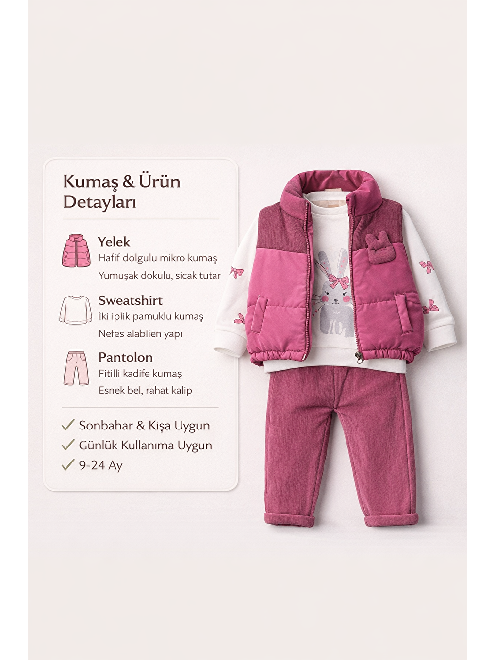 Pembe Kız Bebek 3’lü Takım 9-24 Ay Şişme Yelek %100 Pamuk Sweatshirt Kadife Pantolon-2