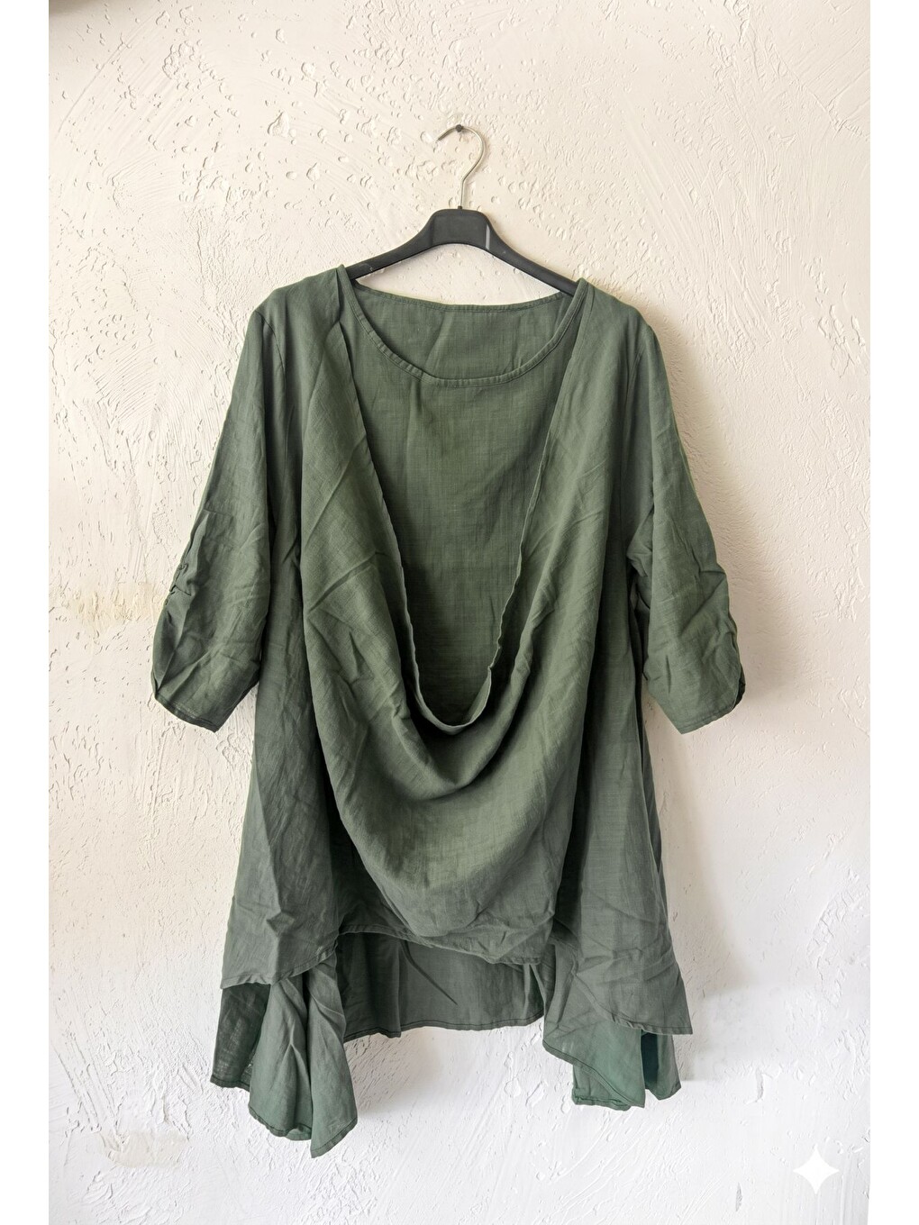 Haki Yuvarlak Yaka 3/4 Kol İkili Set Casual Pamuklu Salaş Dokuma Bluz 80 63-6