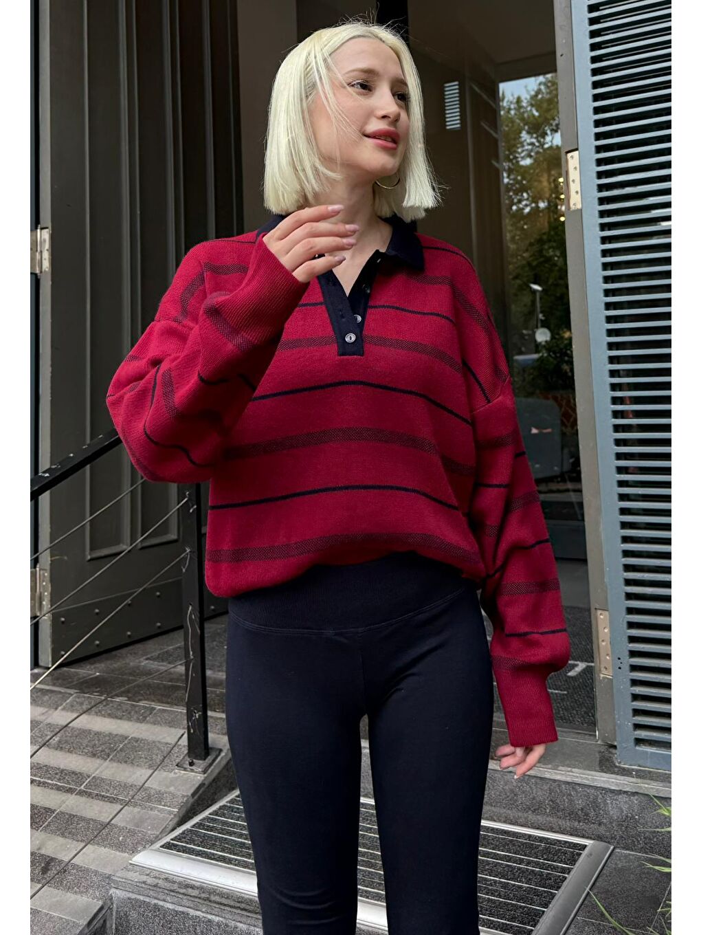 Bordo Çizgili Polo Yaka Kadın Kazak Mg2476-3