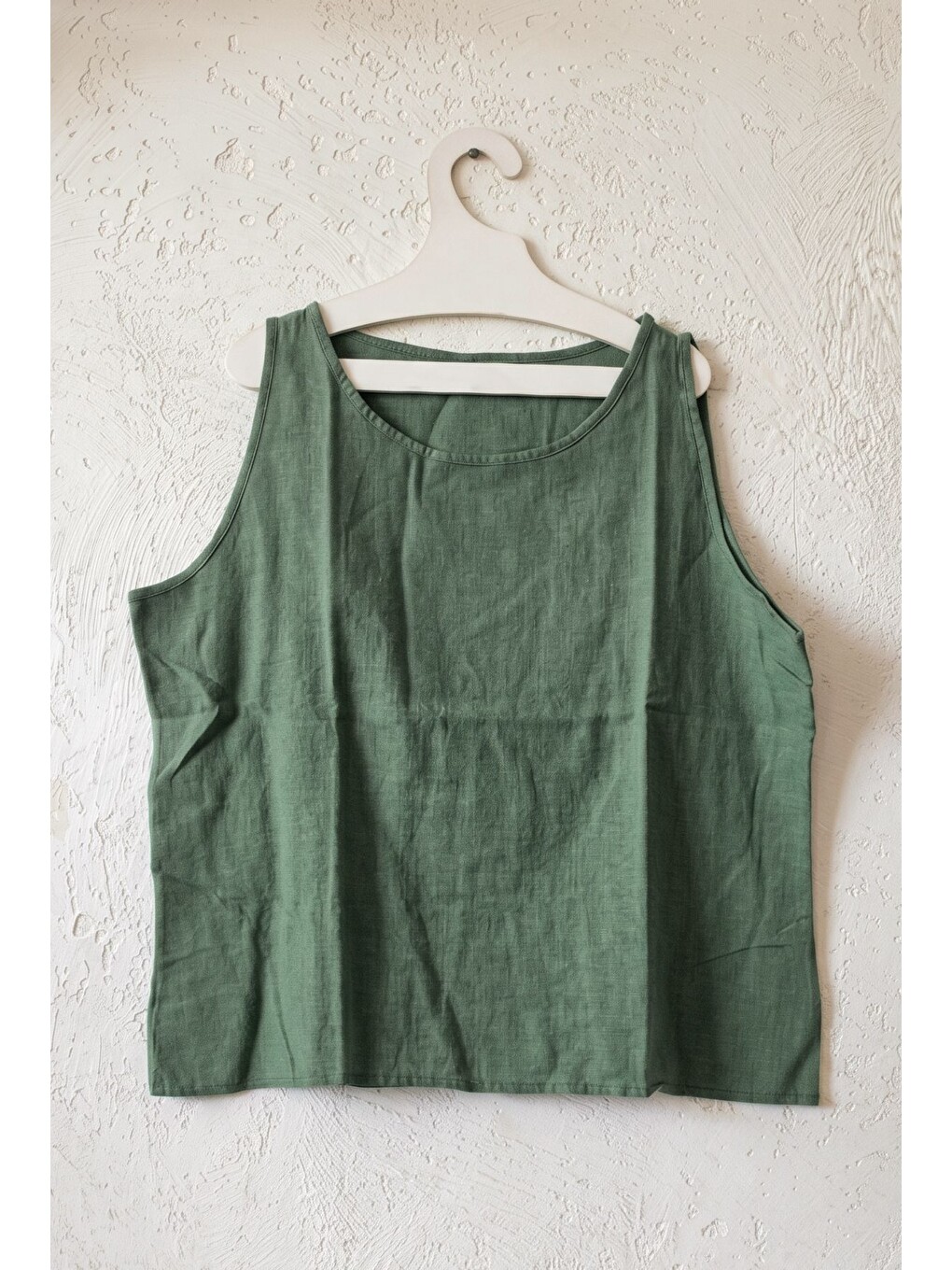 Haki Yuvarlak Yaka 3/4 Kol İkili Set Casual Pamuklu Salaş Dokuma Bluz 80 63-7