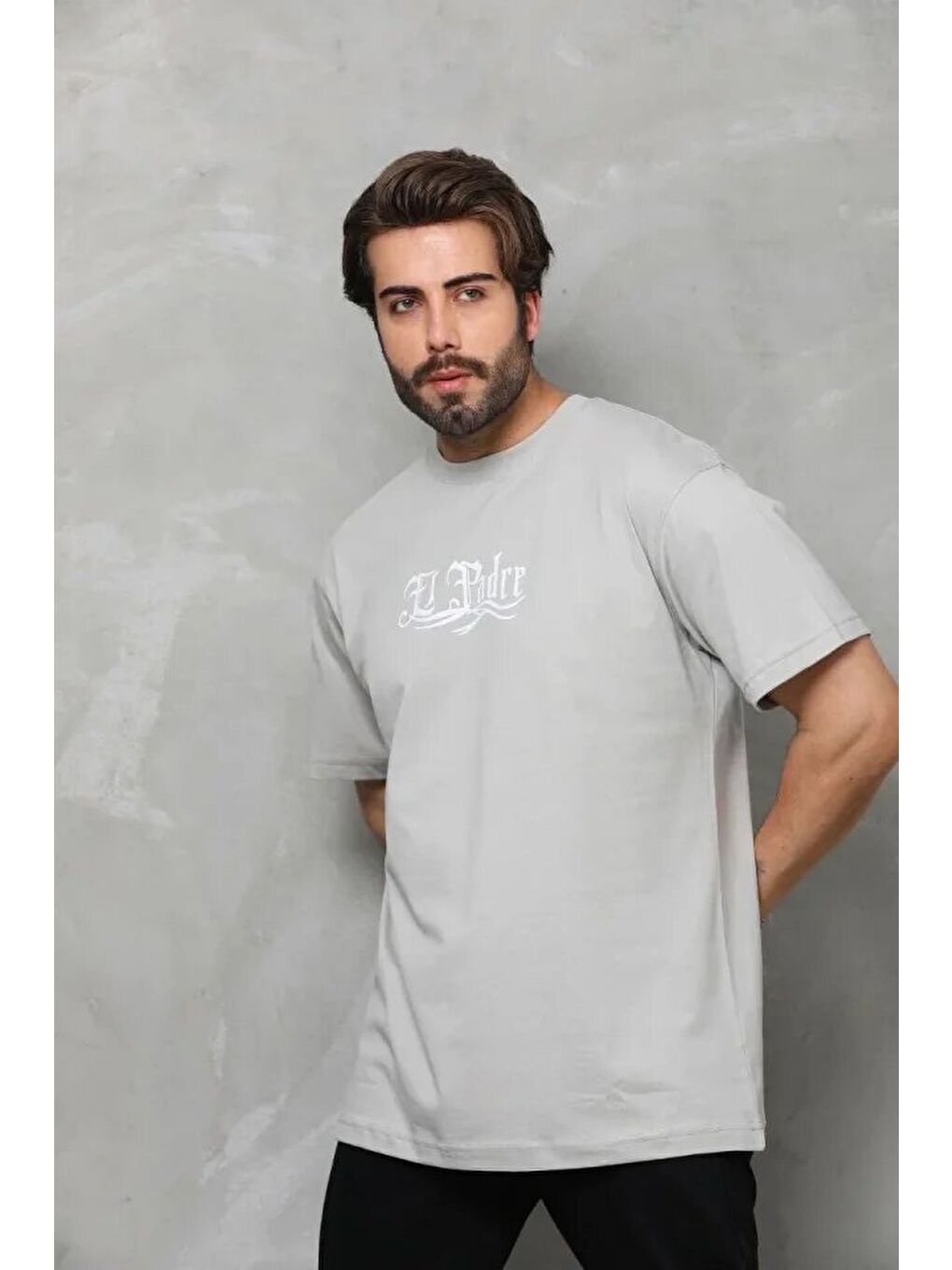 Unisex Bisiklet Yaka Baskılı Oversize T-Shirt - Gri-3