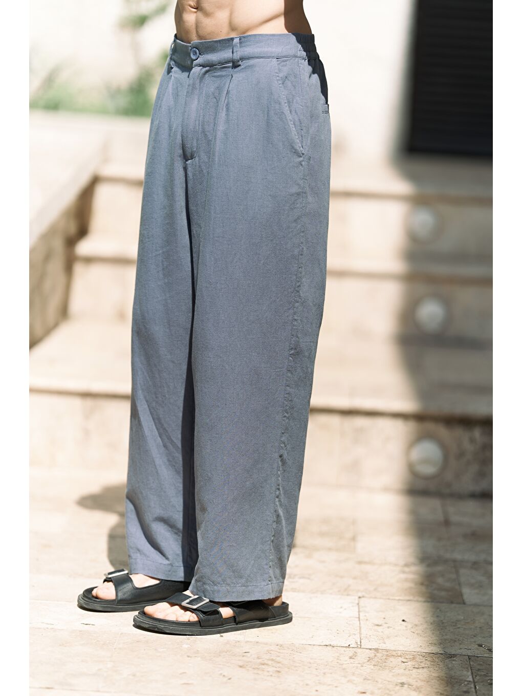 Fyfaha Bol Paça İndigo Erkek Keten Pantolon-2