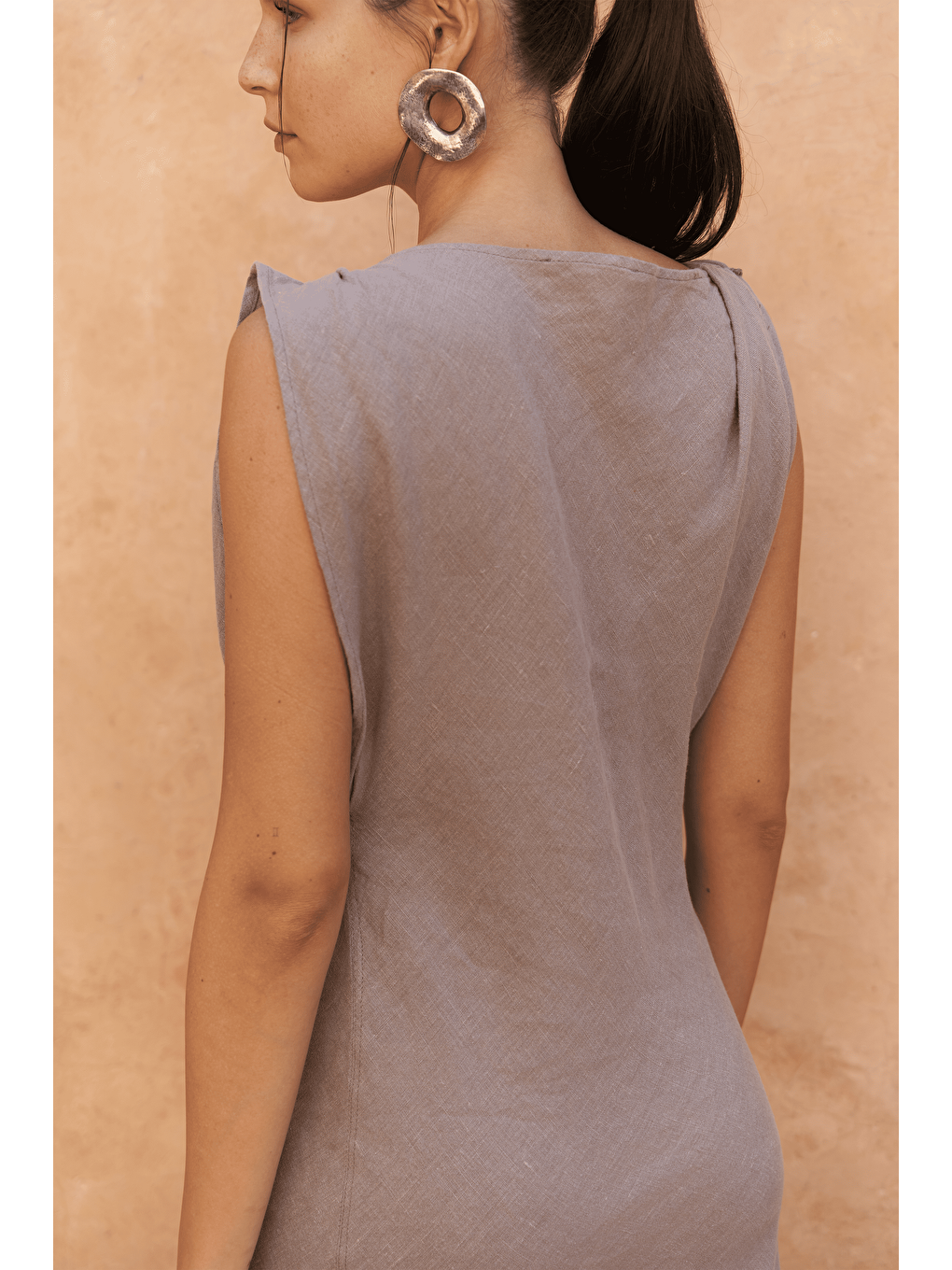 Gri Barabla Kolsuz Uzun Füme Keten Elbise-7