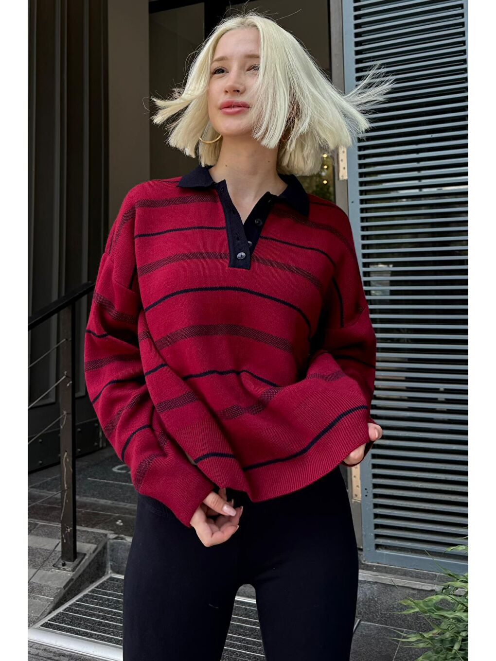 Bordo Çizgili Polo Yaka Kadın Kazak Mg2476-4