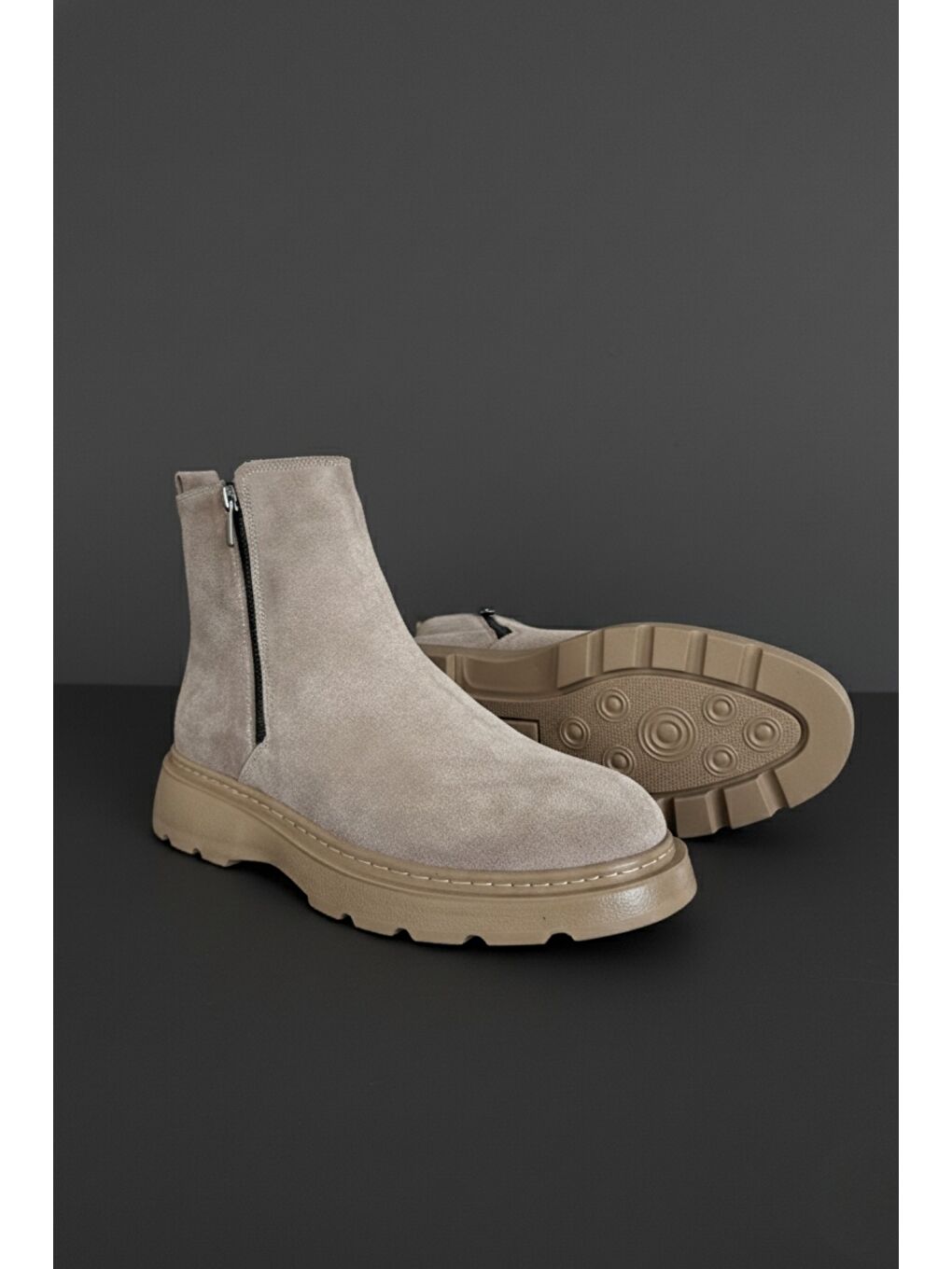 Bej CHELSEY Hakiki Deri Çift Fermuarlı Erkek Kışlık Bot-1