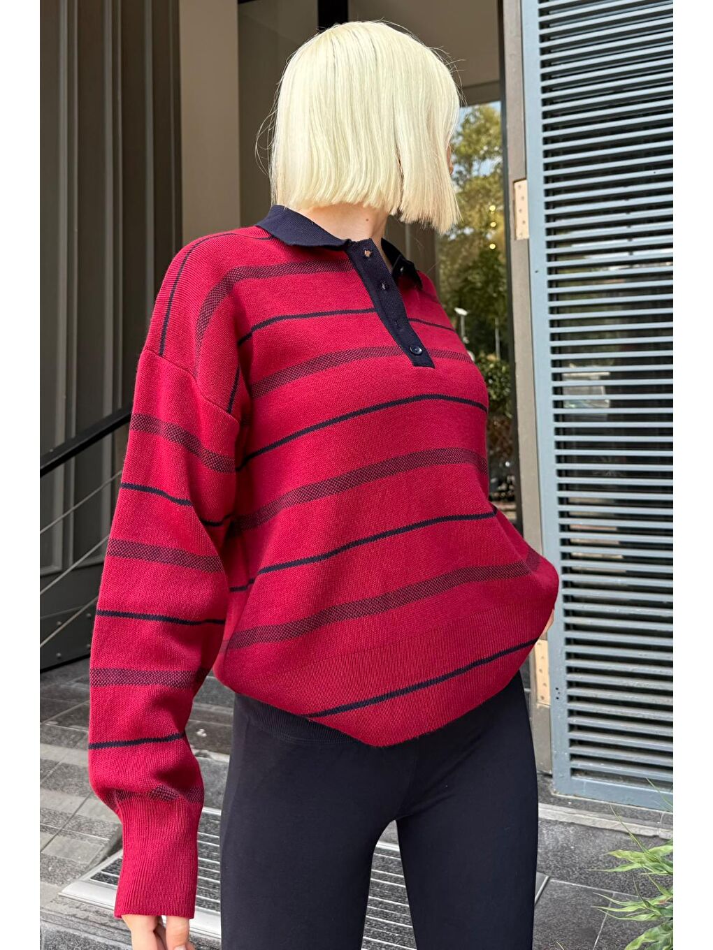 Bordo Çizgili Polo Yaka Kadın Kazak Mg2476-5