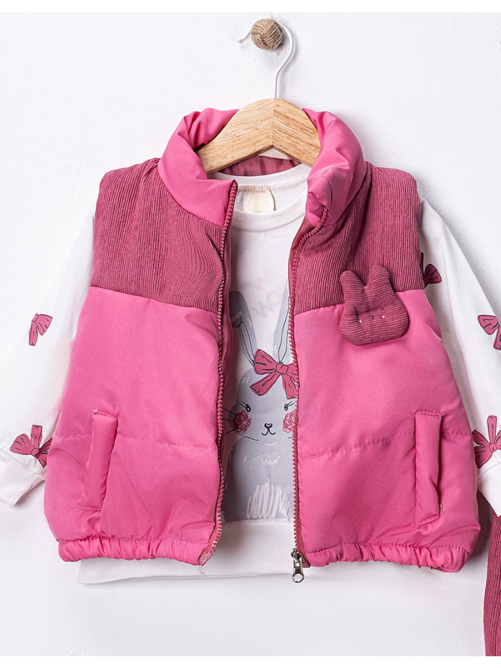 Pembe Kız Bebek 3’lü Takım 9-24 Ay Şişme Yelek %100 Pamuk Sweatshirt Kadife Pantolon-4