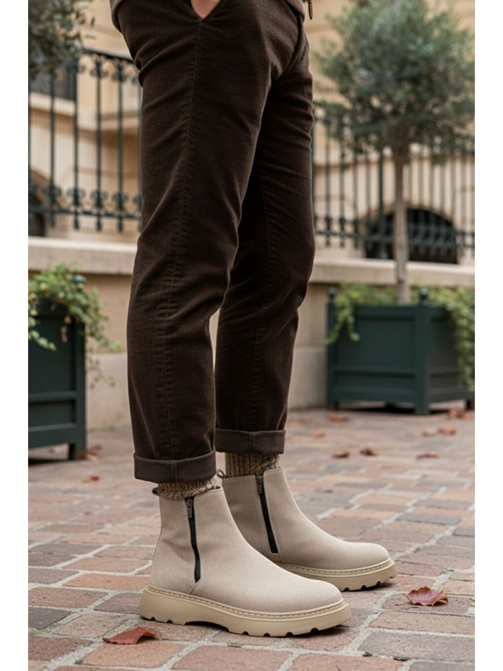 Bej CHELSEY Hakiki Deri Çift Fermuarlı Erkek Kışlık Bot-3