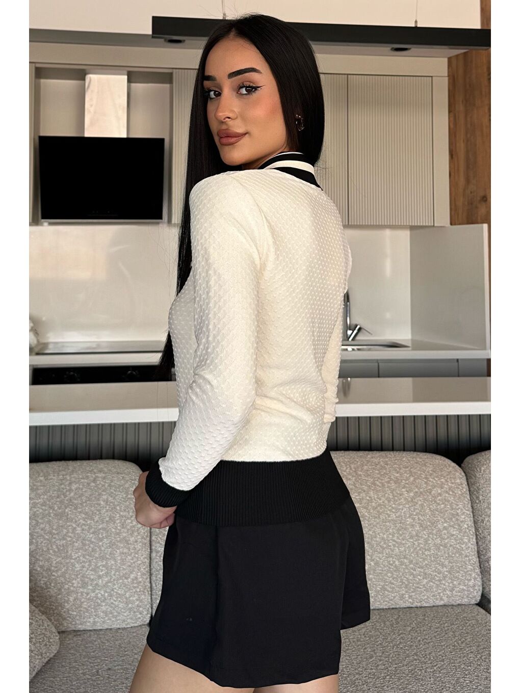 Ekru Kadın Polo Yaka İncili Düğme Detaylı Triko Hırka (s-m-l Beden Uyumludur.)-4