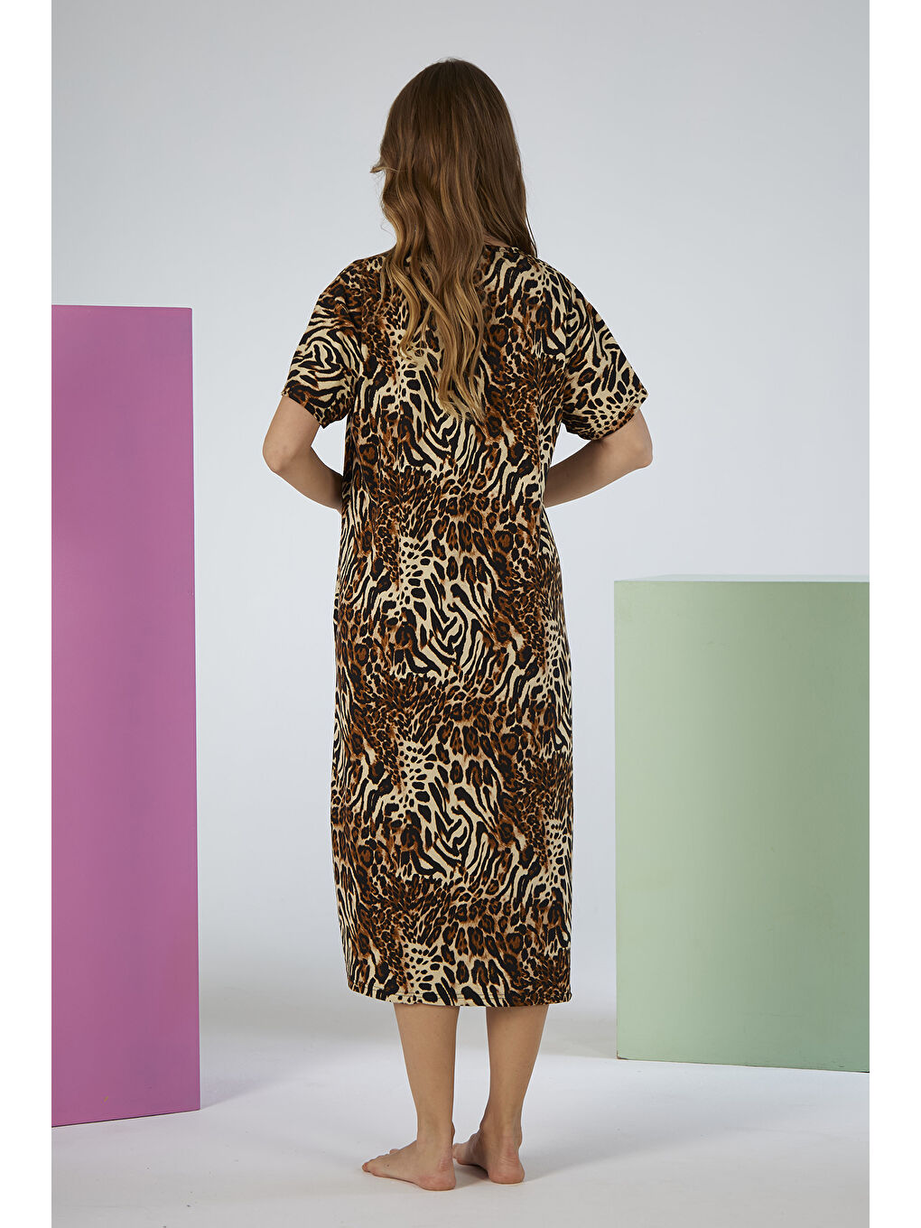 Kadın Kısa Kol Viskon Elbise Pijama 25237-1 Kahverengi01-1