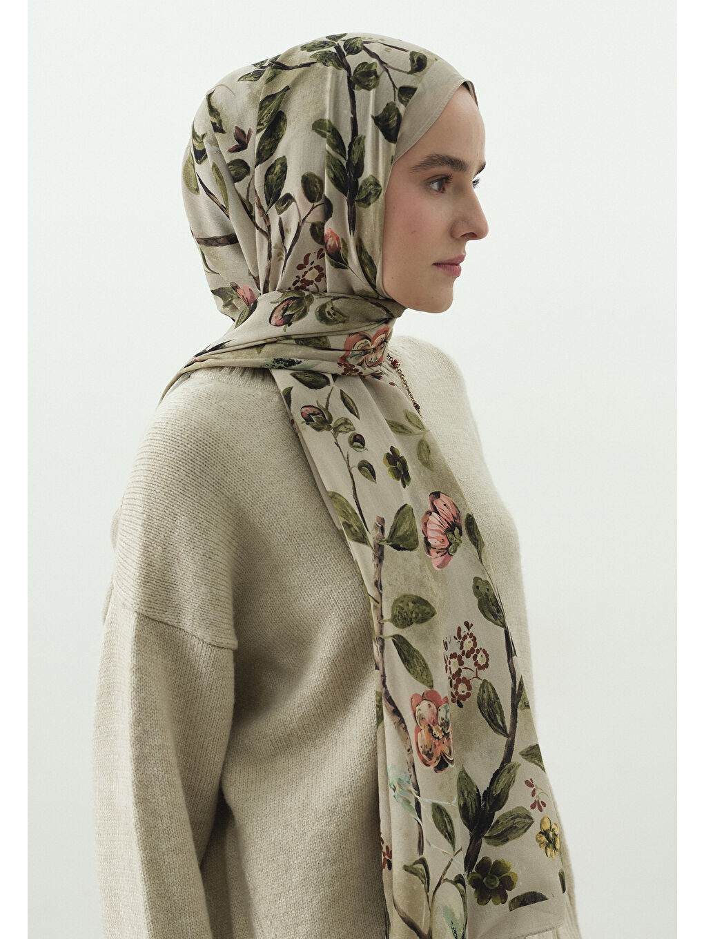 Bej FLOWER RAIN DESENLİ PAMUK VİSKON ŞAL BEJ-3