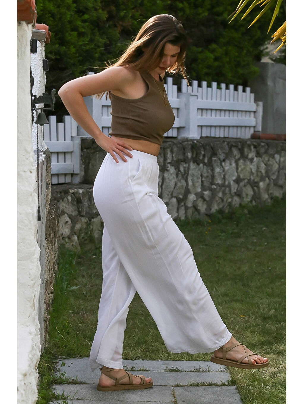 Beyaz Cepli İnce Astarlı Çift Katlı Pileli Lastikli Bel Casual Dokuma Pantolon 108 60