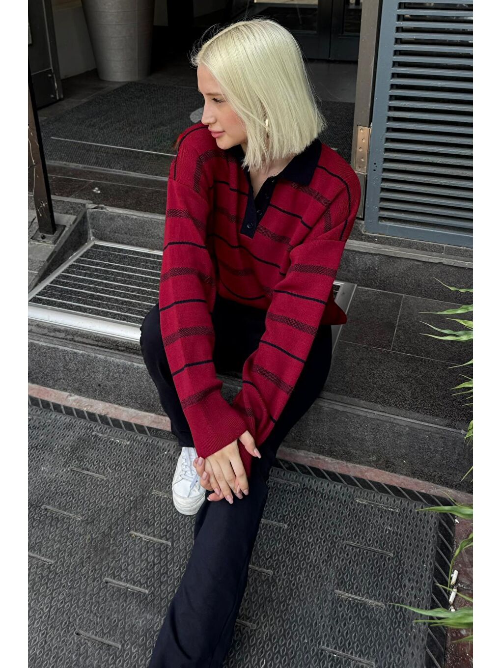 Bordo Çizgili Polo Yaka Kadın Kazak Mg2476-6