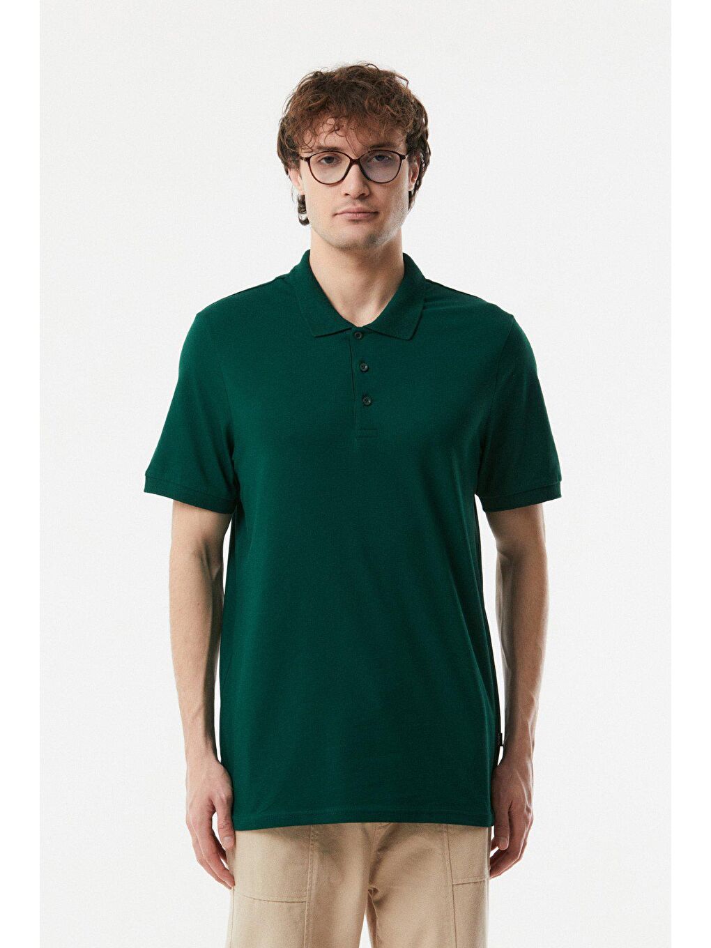 Yeşil Polo Yaka Düğmeli Tişört-4