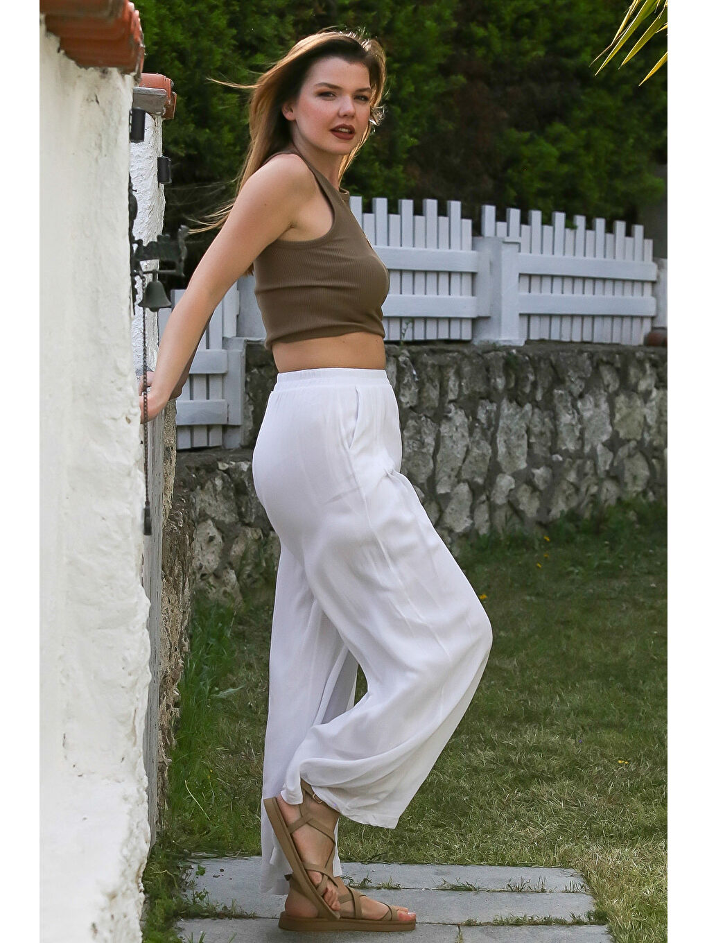 Beyaz Cepli İnce Astarlı Çift Katlı Pileli Lastikli Bel Casual Dokuma Pantolon 108 60-5