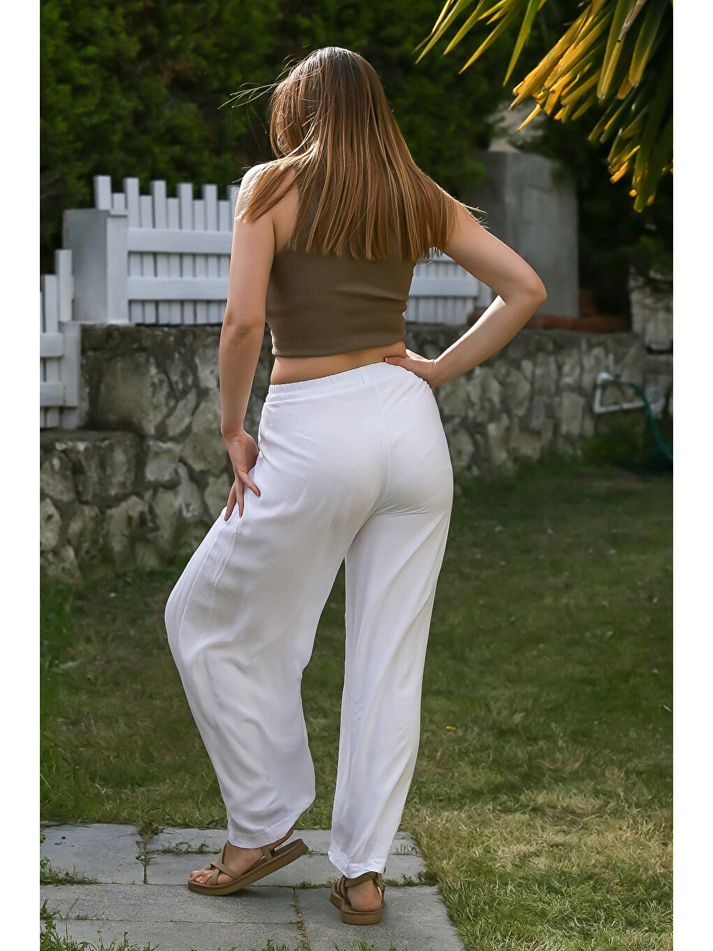 Beyaz Cepli İnce Astarlı Çift Katlı Pileli Lastikli Bel Casual Dokuma Pantolon 108 60-7