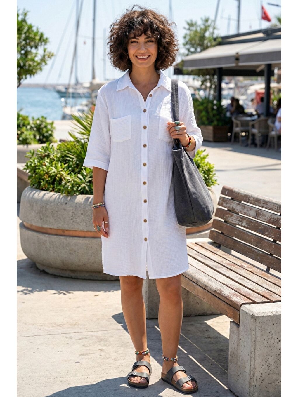 Beyaz Gömlek Yaka Kısa Kol Çift Cepli Casual Müslin Dokuma Elbise 95 65-1