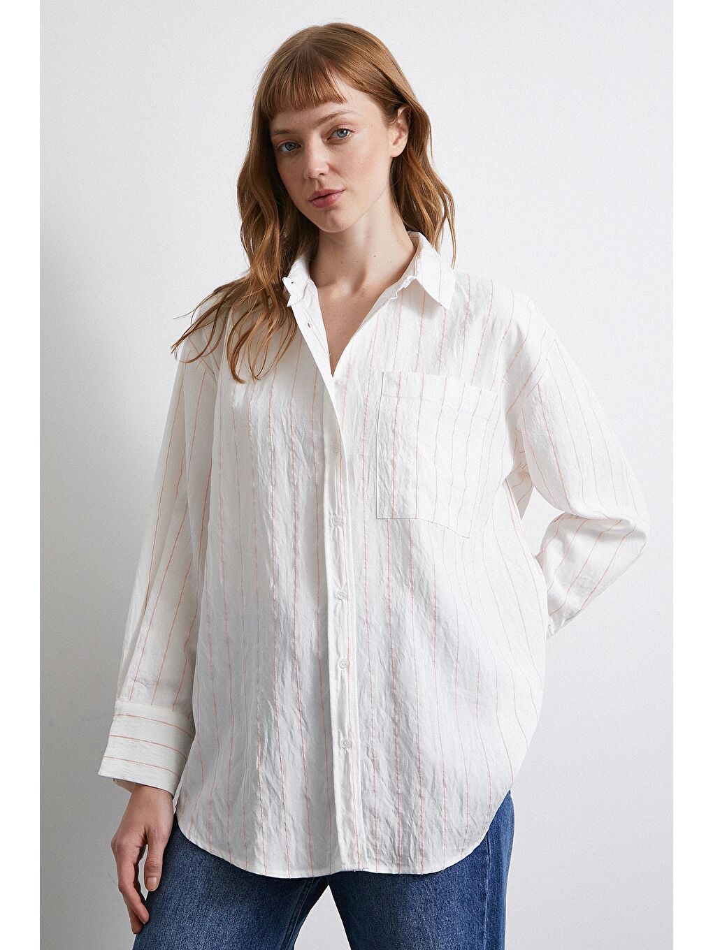 Çizgili Cepli Gömlek Pembe